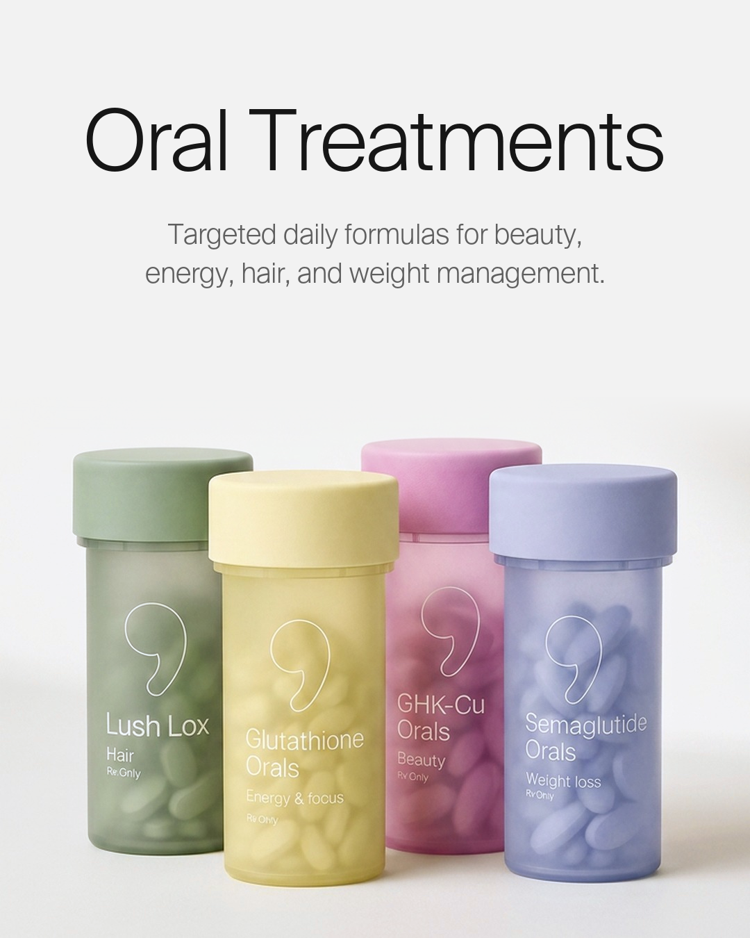 Oral Treatments — targeted daily formulas for beauty, energy, hair, and weight management. Lush Lox, Glutathione, GHK-Cu and Semaglutide oral bottles.