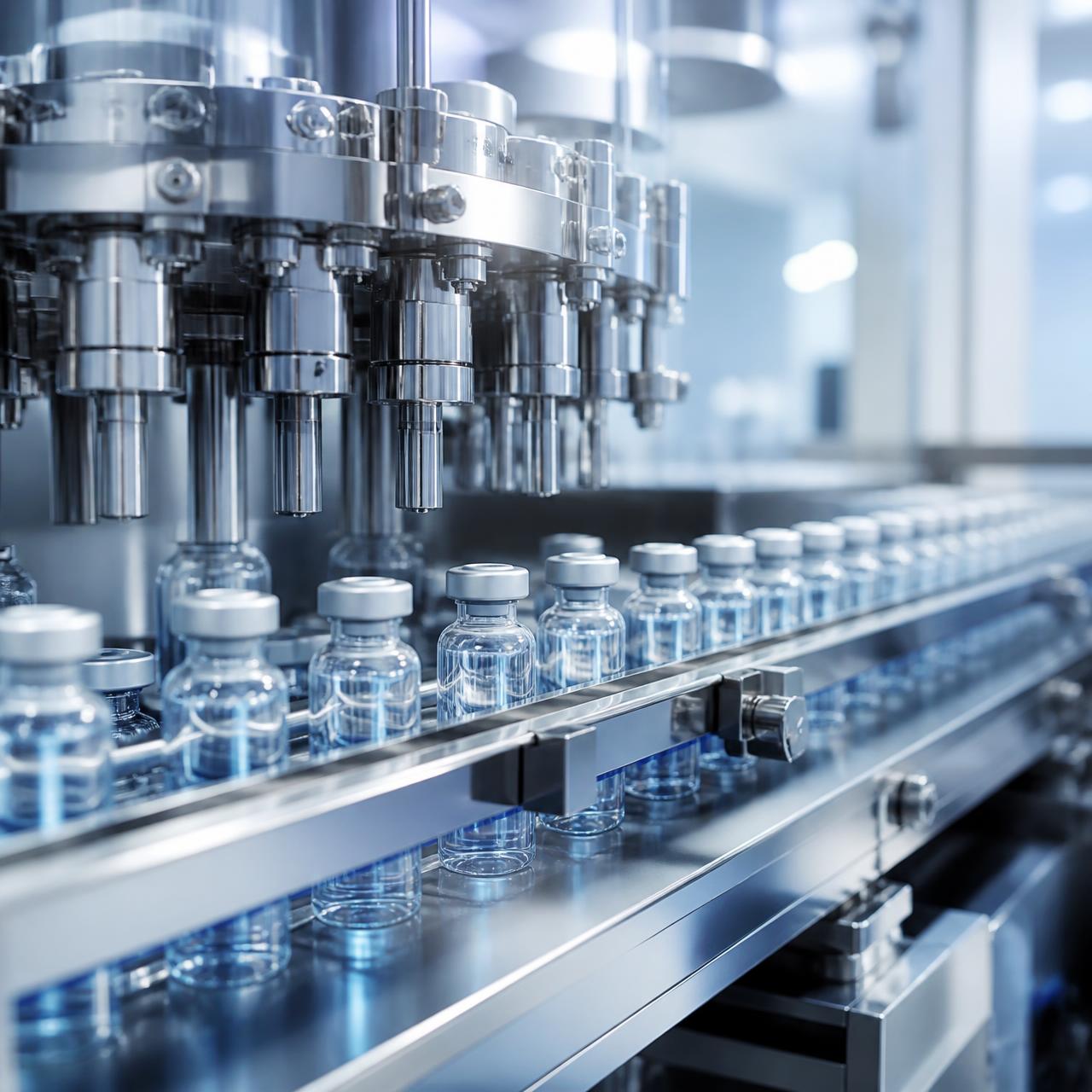 Clear glass vials with metal caps moving along a pharmaceutical filling line