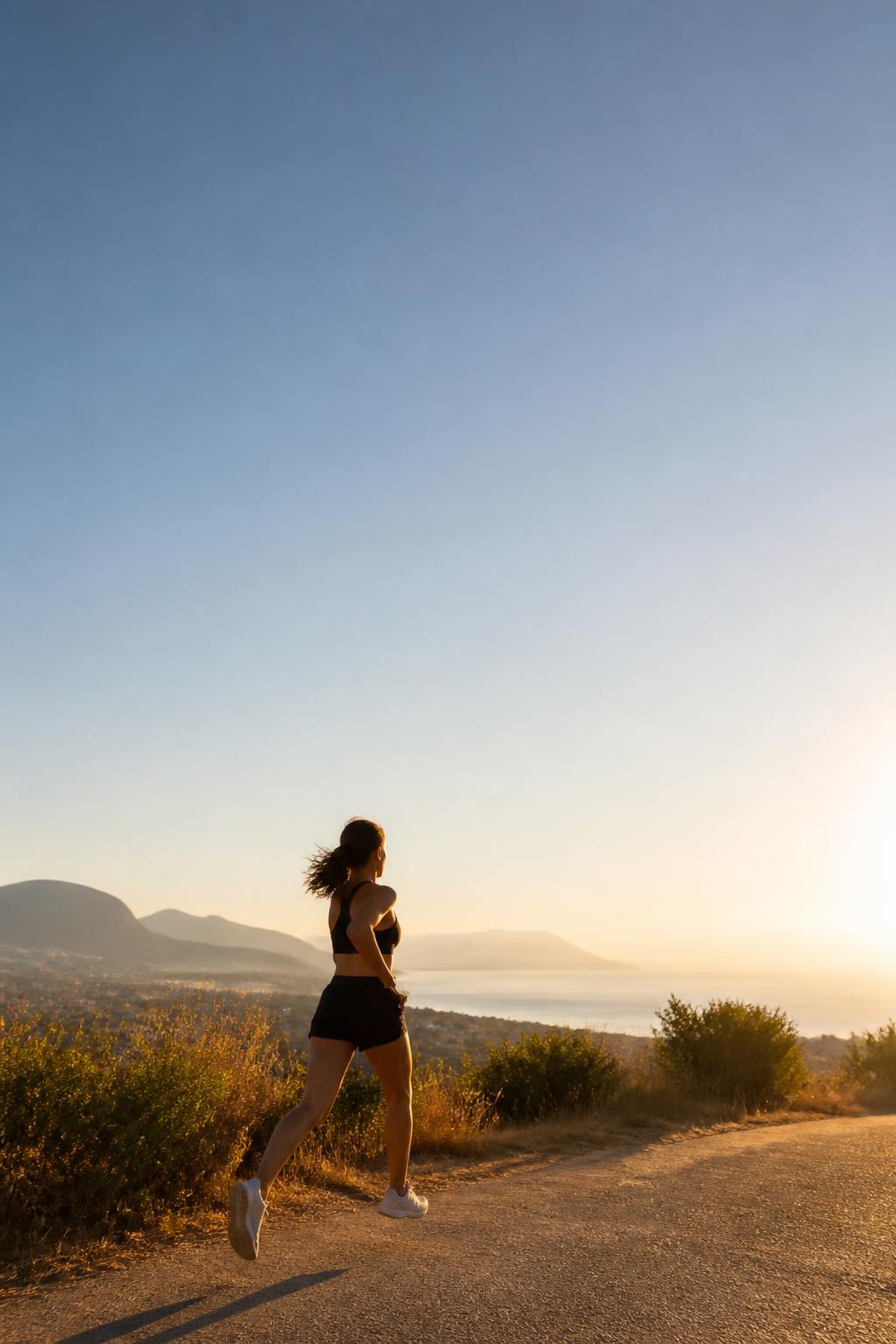 Woman in athletic wear smiling in the sun on a mountain trail